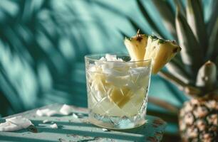 AI generated a glass of cocktail with pineapple wedges and coconut pieces photo