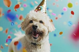 ai generado un perro en un fiesta sombrero es soplo un silbar foto