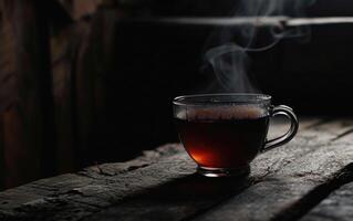 ai generado un taza de té sentado en un mesa con negro antecedentes foto