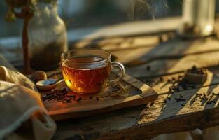 AI generated a cup of tea with spices sitting on a wooden tray photo