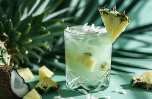 AI generated a glass of cocktail with pineapple wedges and coconut pieces photo