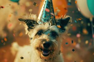 ai generado un perro en un fiesta sombrero es soplo un silbar foto