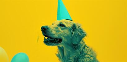 AI generated a dog in a party hat is blowing a whistle photo