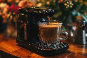 ai generado un taza de café es vertido en un Café exprés bar foto