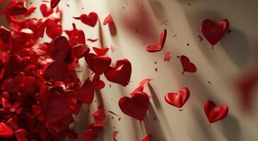 AI generated red paper hearts are sitting on white table background photo