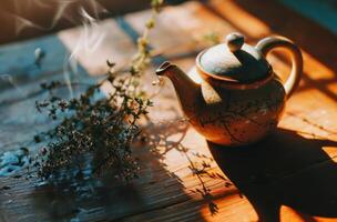 AI generated teapot on table with thyme leaves photo