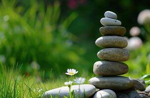 AI generated rocks are stacked in front of green grass photo