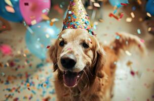 ai generado un perro en un fiesta sombrero es soplo un silbar foto