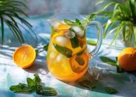 AI generated tangerine lemonade with mint in a pitcher photo