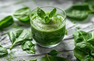 AI generated a glass of green smoothie with spinach leaves around it photo