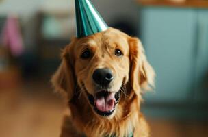 ai generado un perro en un fiesta sombrero es soplo un silbar foto