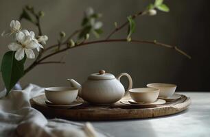 AI generated teapot on tray with two cups of white tea photo