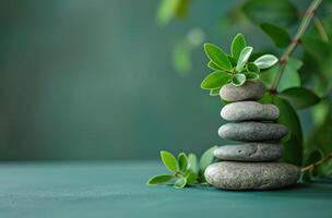 AI generated rocks are stacked in front of green grass photo