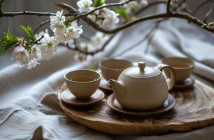 AI generated teapot on tray with two cups of white tea photo