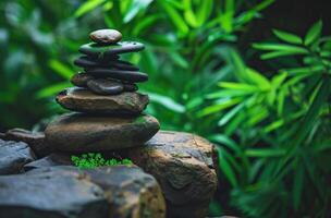 AI generated rocks are stacked in front of green grass photo