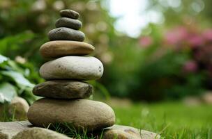 AI generated rocks are stacked in front of green grass photo