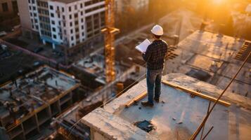 AI generated Scrutinizing Building Plans from Above With a sharp eye for detail photo