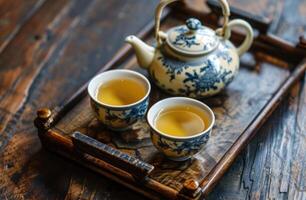 AI generated teapot on tray with two cups of white tea photo