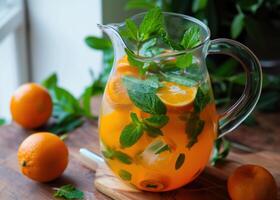 AI generated tangerine lemonade with mint in a pitcher photo