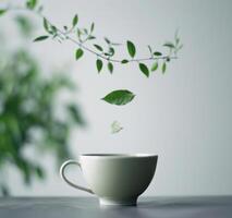 AI generated tea leaf falls from a cup in closeup green photo