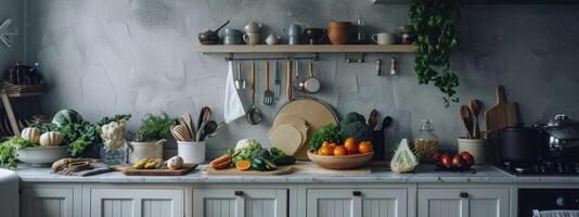 ai generado un cocina con un montón de verduras y de madera cuchillería foto