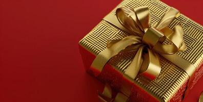 AI generated a gold gift box with ribbon resting on a red background photo