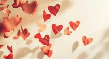 AI generated red paper hearts are sitting on white table background photo