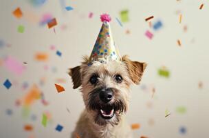 ai generado un perro en un fiesta sombrero es soplo un silbar foto