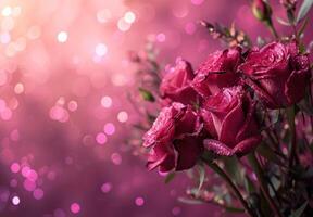 ai generado San Valentín día flores en rosado antecedentes con brillar antecedentes foto