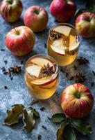 AI generated three glasses of apple cider with apples and spices photo