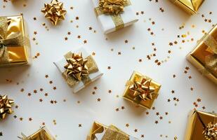 AI generated white background with golden gift boxes photo