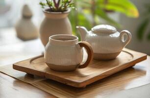 AI generated two teapots on wooden platter, photo