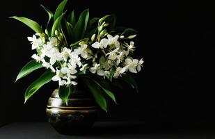 AI generated white flower and leaves in a vase photo