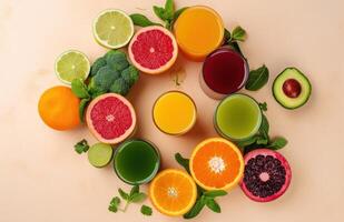 AI generated Various fruit juices arranged in a circle photo