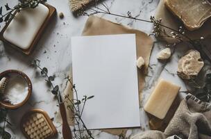 AI generated white sheet of paper on the table with soaps and brushes photo