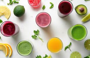 AI generated several glasses of juice arranged on a white surface photo