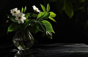 AI generated white flower and leaves in a vase photo