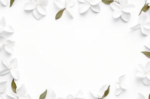 ai generado blanco hojas y flores en un blanco antecedentes foto