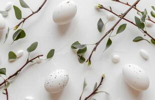 AI generated white eggs and branches on a white background photo