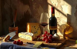AI generated wines and cheeses on the table photo