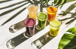 AI generated several glasses of juice arranged on a white surface photo