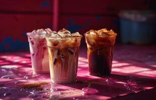 AI generated three glasses of coffees in a pink background photo