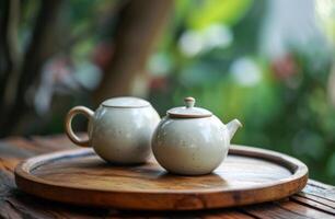 AI generated two teapots on wooden platter, photo