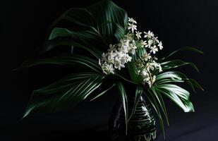 AI generated white flower and leaves in a vase photo