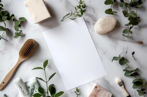 AI generated white sheet of paper on the table with soaps and brushes photo