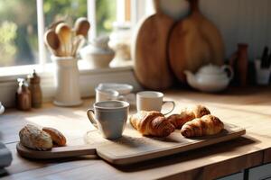 AI generated wooden kitchen counter with cups, croissants photo