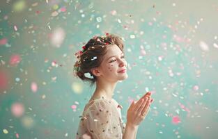 AI generated woman holding confetti flying around photo