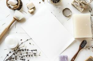 ai generado blanco sábana de papel en el mesa con jabones y cepillos foto