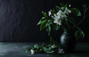 AI generated white flower and leaves in a vase photo