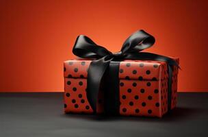 AI generated a black gift box and bow on a black red background, photo